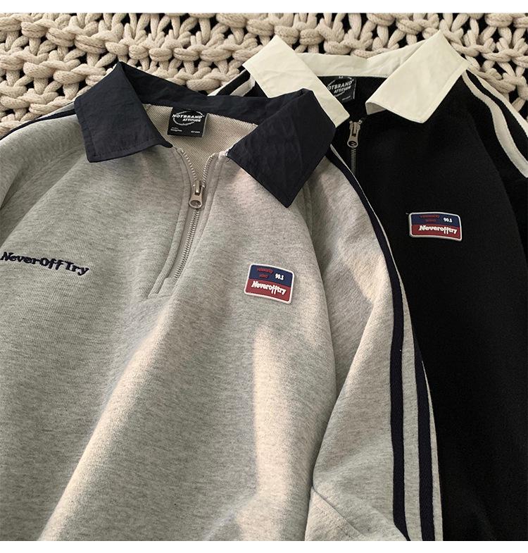 Мужской японский ретро серый поло-свитшот на молнии до половины - Куртка с длинным рукавом на весну/осень
