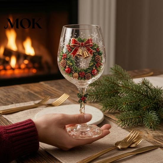 Winter Theme Party Supplies Christmas Stemmed Wine Glass, Snowman/SantaWreath/Elk/Christmas TreeHand Painted, Table Decoration Drinkware Creative