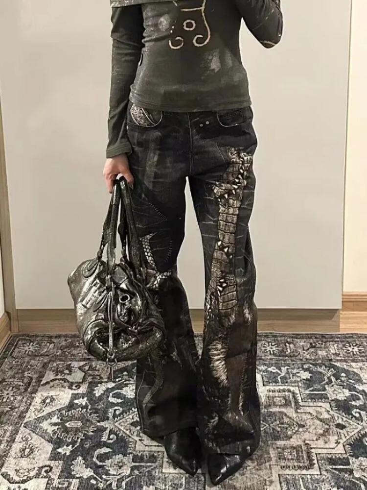 ZYLLO Американские Ретро Прямые Джинсы с Принтом Питон Y2K Мода Уличный Стиль Горячие Девушки Свободные Харадзюку Повседневные Джинсы с Высокой Посадкой и Широкими Штанинами