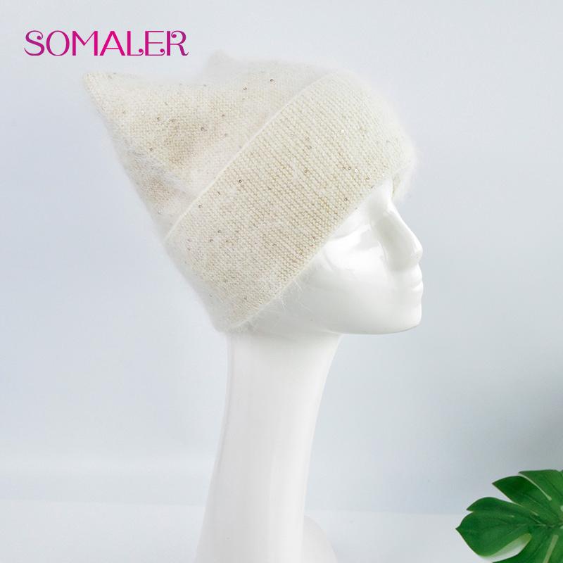 SOMALER Женская теплая вязаная шапка-бини из ангоры на осень-зиму с козырьком и пайетками, милый дизайн с кошкой, 54-58 см