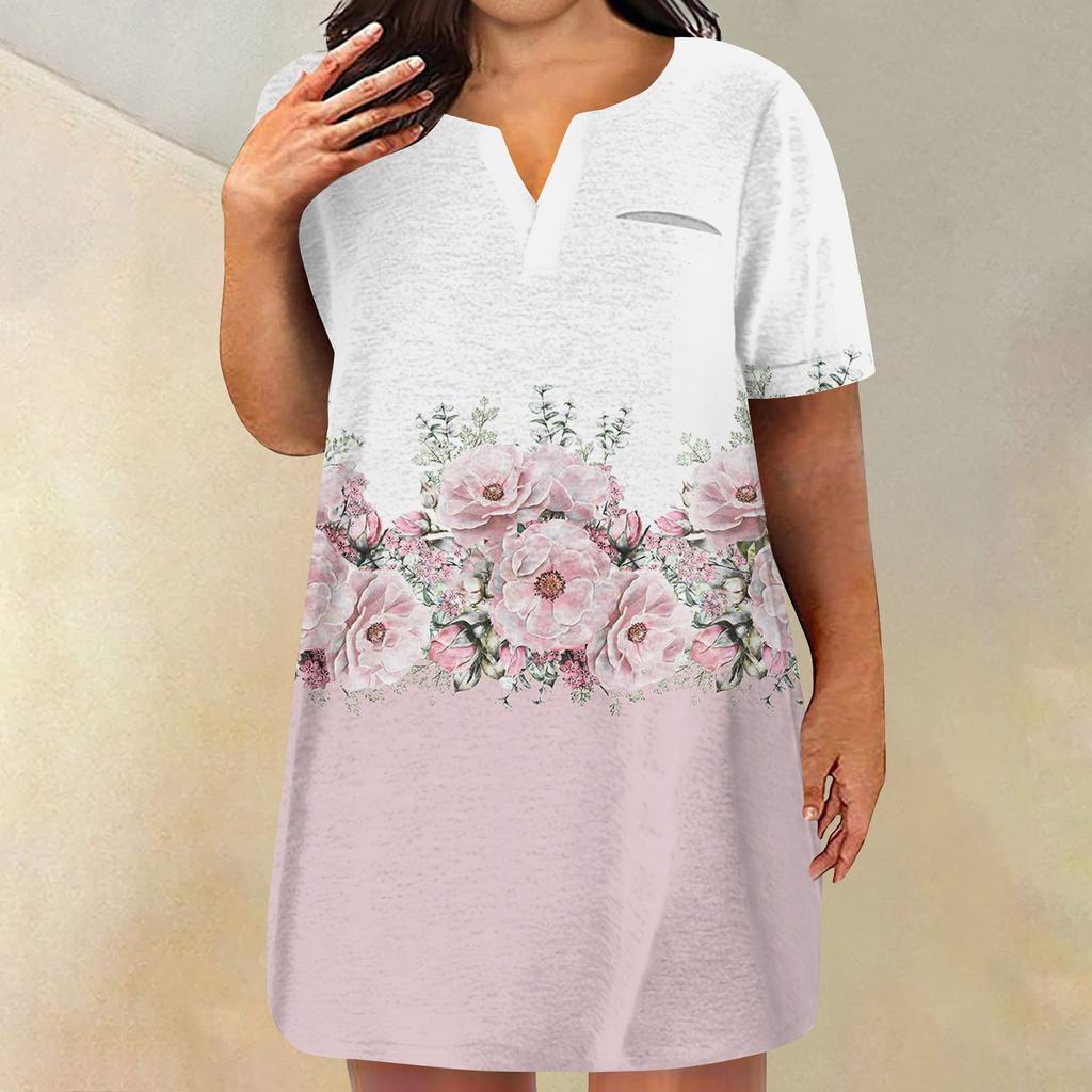 Womens Size Dresses V Plus Neck Short Sleeve Summer Casual Solid Dress Tunic With Pocket