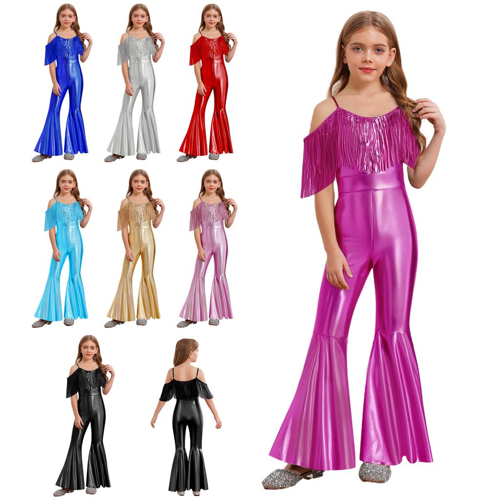 Girls Fashion Spaghetti Strap Sleeveless Sparkly Sequins Tassels Shiny High Waist Flared Jumpsuit Pageant Outfit