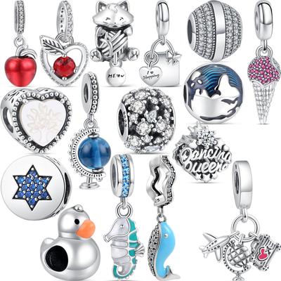 Стерлингового серебра 925 пробы, милые утки, морской конек, подвеска, красное яблоко, подвеска, подходит для браслета, женский браслет из бисера, ювелирные изделия для влюбленных