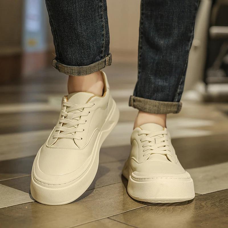 Fashion Luxury Men's High Quality Casual Leather Shoes Comfortable Thick Bottom Designer Lace-up Loafers Fashion Versatile White Shoes