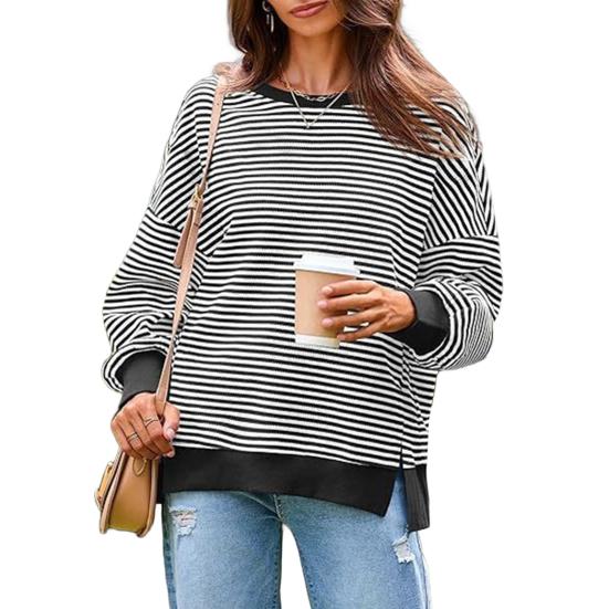 Women Striped Oversized Sweatshirt Long Sleeve Crewneck T-Shirt Split Hem Waffle Knitted Tunic Top Casual Fall Sweater
