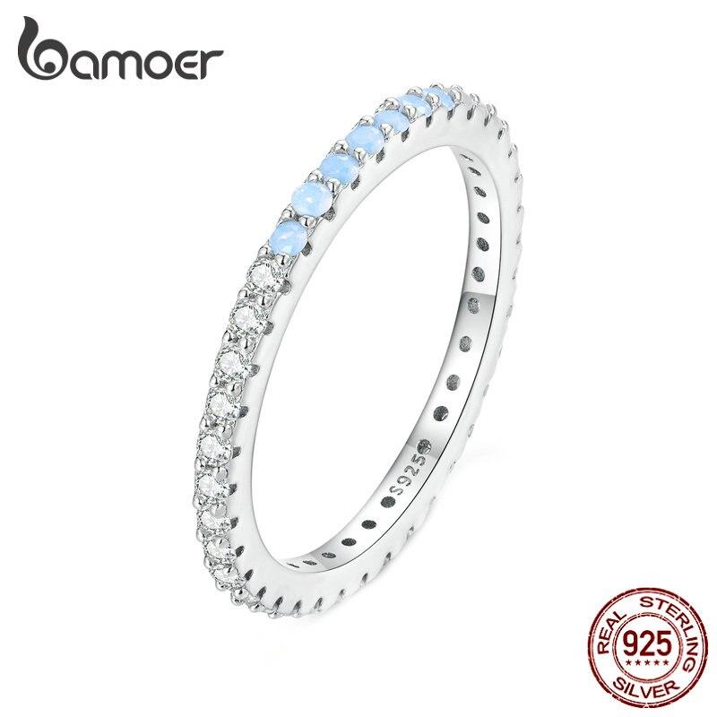 BAMOER 925 Sterling Silver Blue Simple Finger Ring Stackable Eternity Bands for Women Gift Platinum Plated Fine Jewelry