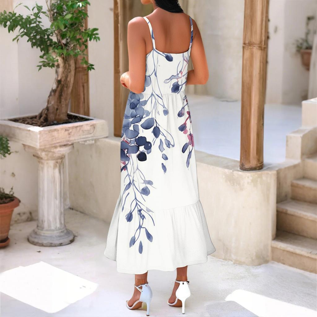 Женское длинное пляжное повседневное элегантное платье макси на тонких бретельках с цветочным принтом, струящееся платье в стиле бохо