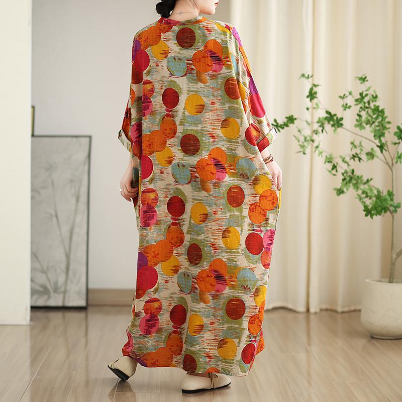 Dimanaf 2025 Женское платье больших размеров Весна-лето Базовое длинное платье в горошек Винтажное свободное V-образное вырезное длинное рукав