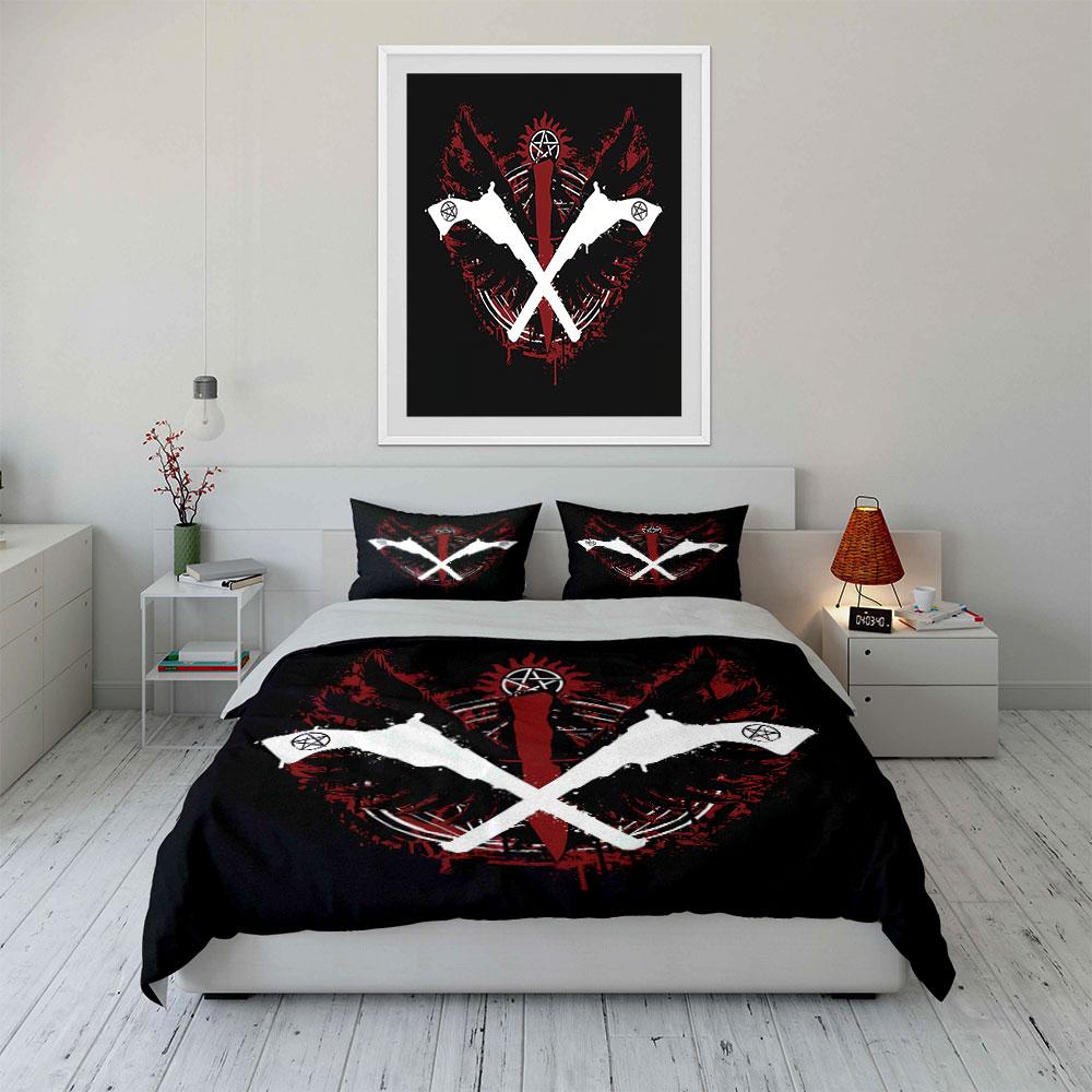 Pentagram Wings and Crossed Guns Bedding Duvet Cover Set Duvet Cover Pillowcases (1*Duvet Cover 2*Pillowcases, without duvet insert)