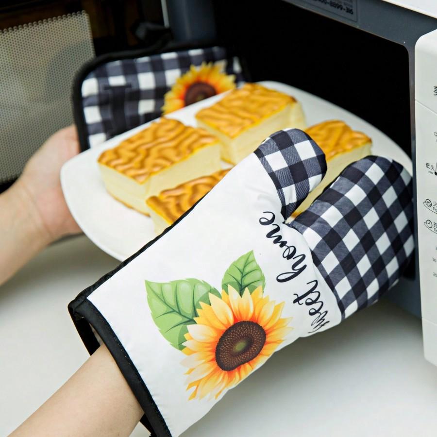 Утолщенная кухонная перчатка для выпечки и перчатка для микроволновой печи с подсолнухом, теплоизолирующая подкладка, плюс утолщенная перчатка для барбекю