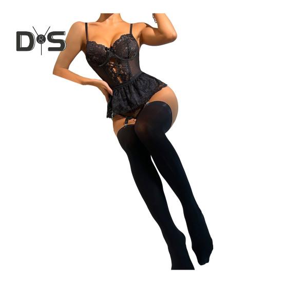 Women Sexy Deep V Sling Bodysuit See Through Heart Lace High Elasticity Romper Solid Color Shaping One Piece Underwear with Underwire