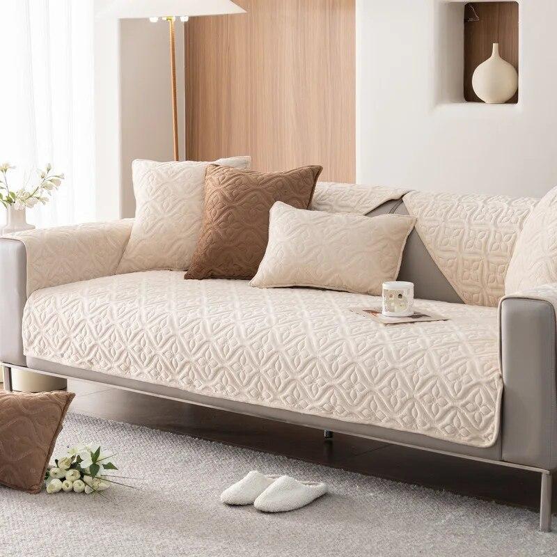 Autumn Winter Embroidered Plush Couch Cushion Solid Color Sofa Cover Modern Simple Thickened Non-Slip Sofa Cushion Pillowcase