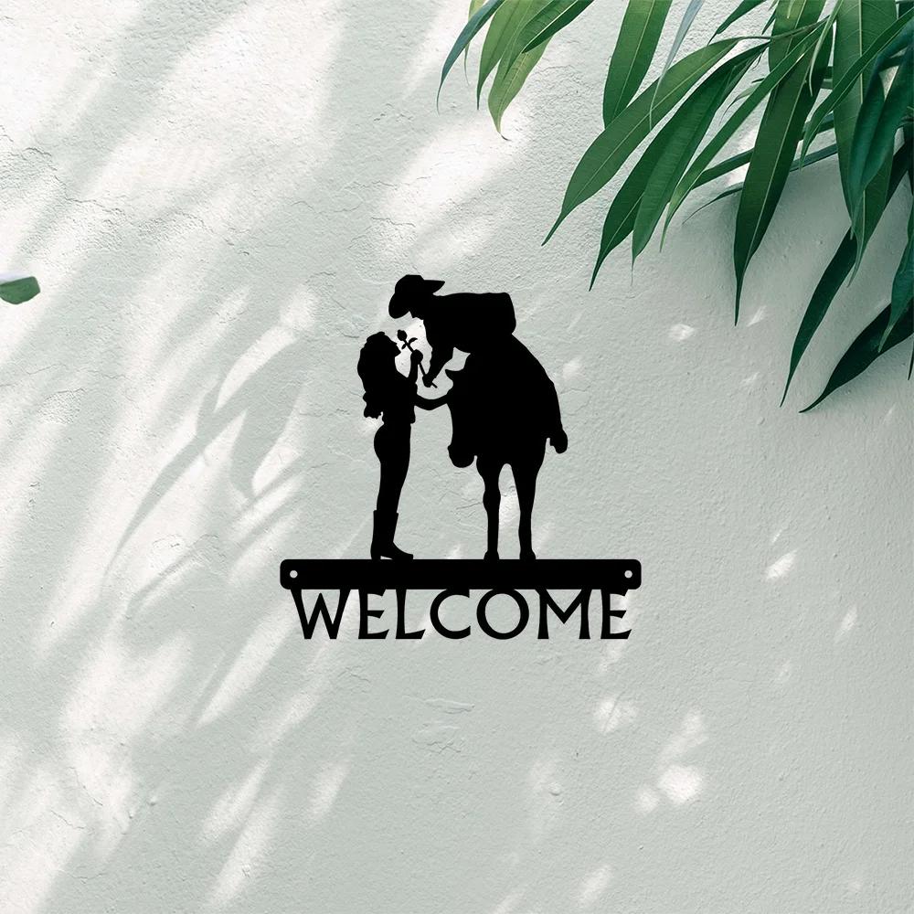 1pc Iron Art Romantic Couple - Cowboy & Cowgirl - Welcome Sign 12 Inch for Living Room New Wall Decoration Hooks Wall Sticker