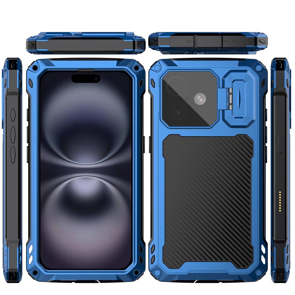For iPhone 16 Plus Case Aluminum Alloy+Silicone Lens Kickstand Phone Cover with Tempered Glass Film