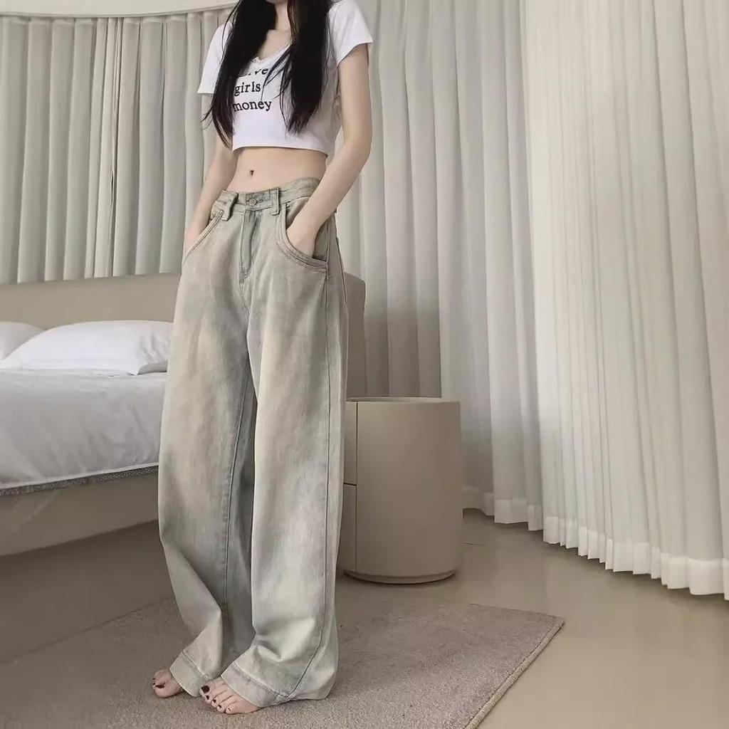 Женские джинсы осень 2024 года, светлые, с заниженной талией, в стиле ретро, широкие джинсы