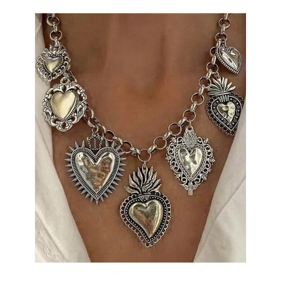 Готическое массивное цепное колье с подвесками в виде пылающего сердца и злых глаз, античное серебро, красное, черное, украшения на Хэллоуин
