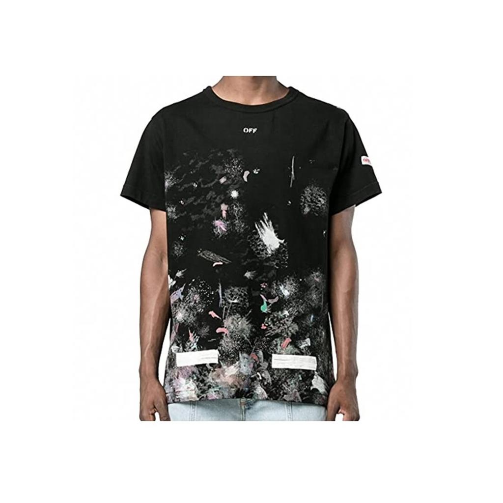 Off-White Fireworks And Galaxy Splatter Short Sleeve T-Shirt Unisex Tops Black OMAA002F176200179901