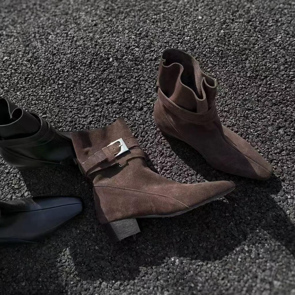 Two Short Boots, Women's Sleeves, Thick Heels, Fashion, Belt Buckle, Fashion, Square Head, Retro Temperament, Martin Boots, British Style Bundle