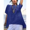 Spring Summer Solid Color Cotton Linen Shirt Casual Irregular Hem Short Sleeve Blouse Loose Round Neck Top for Women