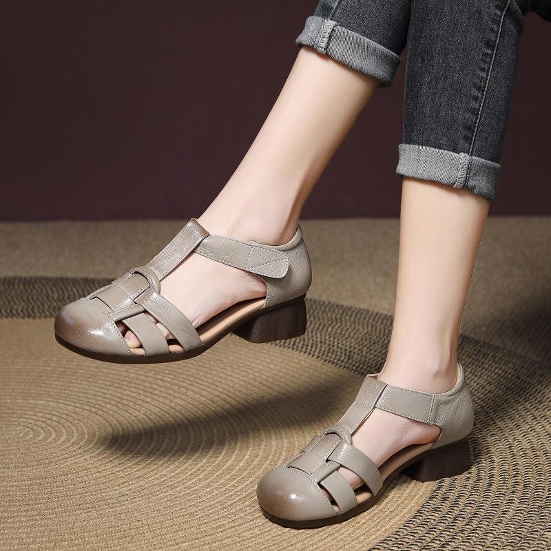 Summer New Retro Woven Sandals First Layer Cowhide Soft Leather Sandals Soft Sole Bag Head Thick Heel Women's Shoes