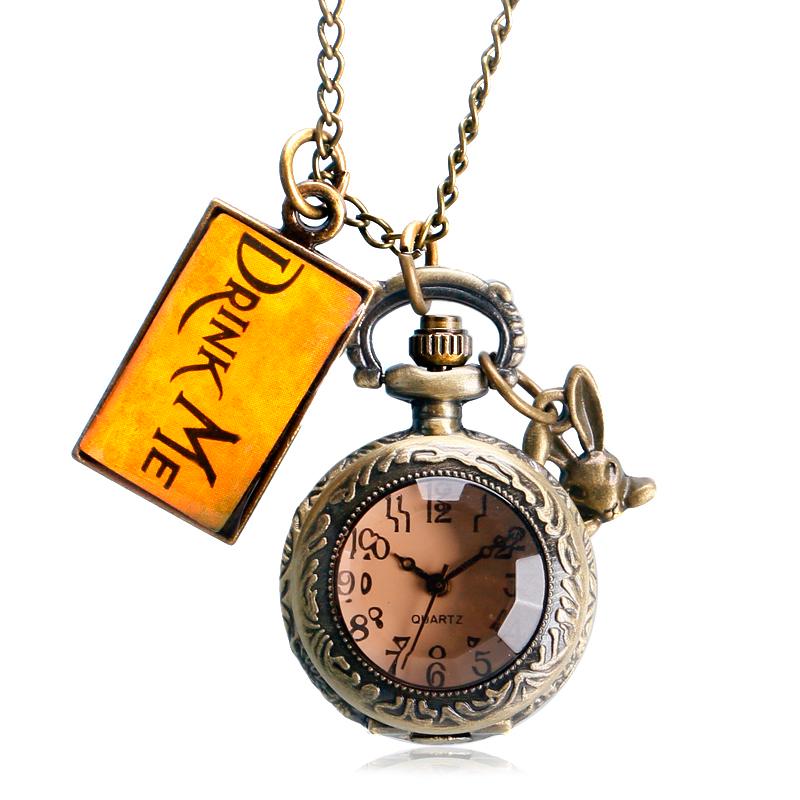 Retro Vintage Bronze Pendant Pocket Watch Little Cute Drink Me Tag Necklace Chain Top Fashion Gifts for Girls Women