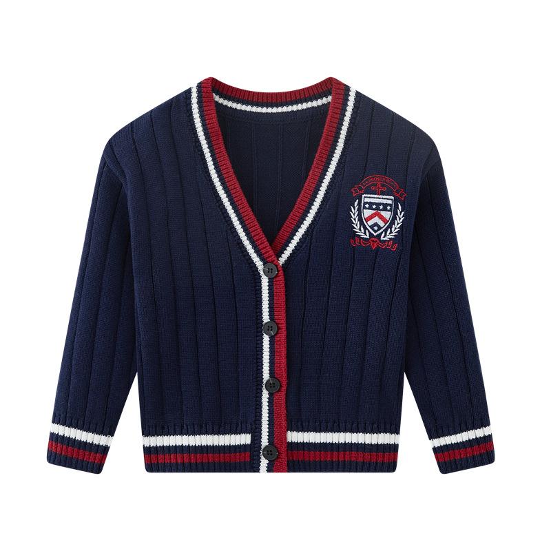 Кардиган вязаный контрастного цвета в стиле колледжа, с вышивкой, для мальчиков и девочек, школьная форма, классная форма, детский свитер-кардиган, куртка
