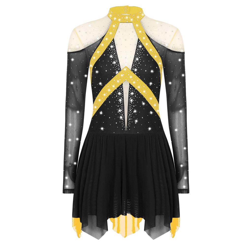 Женское платье для лирического танца, дизайн колор-блок, полупрозрачная сетчатая вставка, блестящие стразы, асимметричная танцевальная одежда