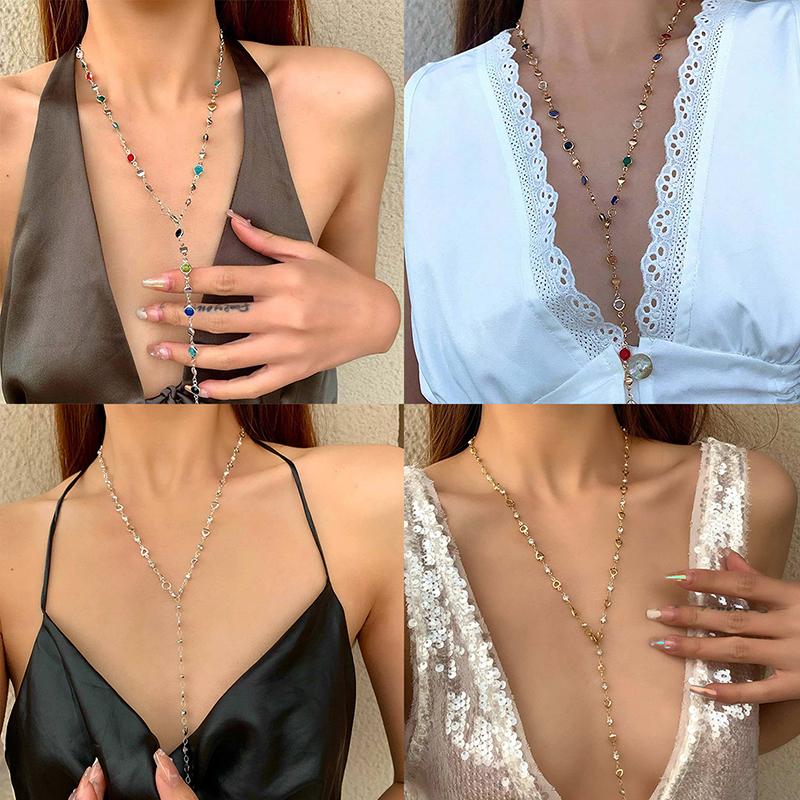 Colorful Glass Long Y-Shaped Necklace Metal Collarbone Chain Gold Silver Color Tassel Necklace Party Body Jewelry