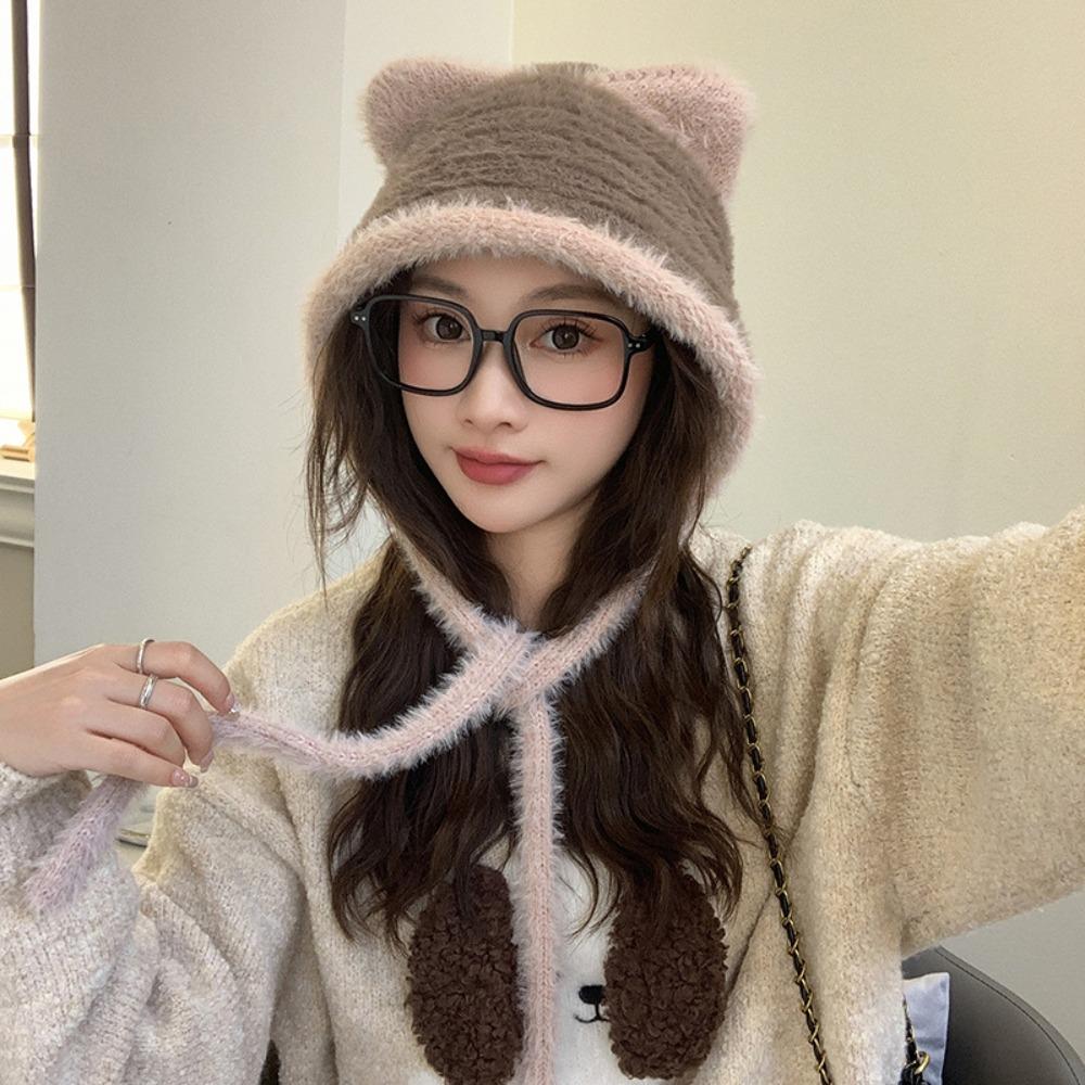 Plush Faux Fur Bucket Hat Korean Style Women Fluffy Hats Fashion Cute Cat Ear Hat Outdoor