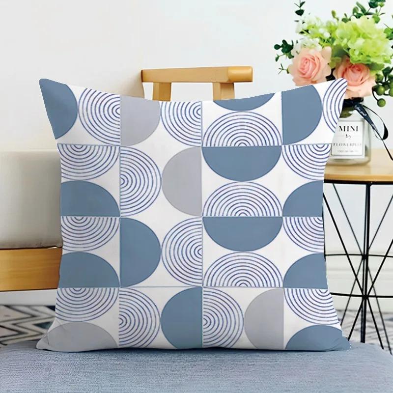 Nordic Blue White Floral Cushion Cover 2D Flat Printed Peach Skin Pillowcase Modern Minimalist Throw Pillow Case For Sofa Decor