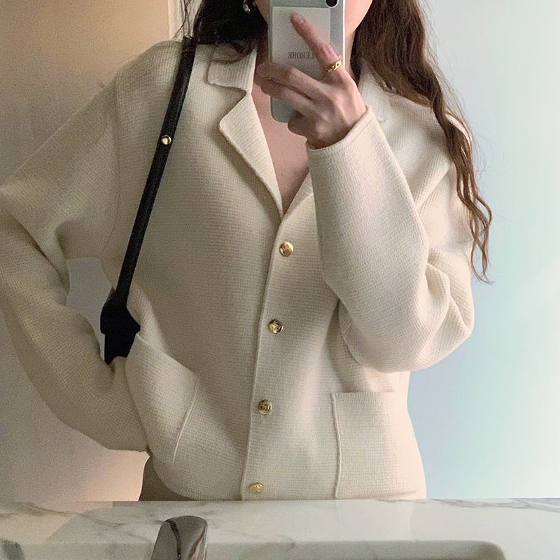 Корейский шикарный осенний свитер кардиган воротник однобортный свободный карман дизайн маленький длинный рукав вязаный свитер женский топы