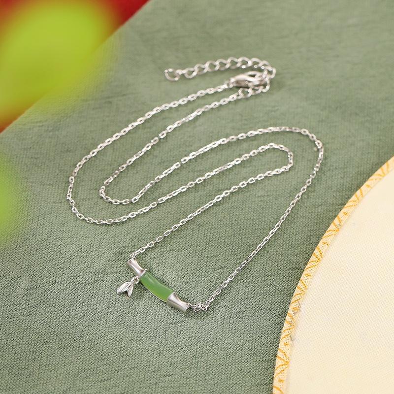 S925 Sterling Silver Gold Plated Hotan Jade Jasper Bamboo Necklace