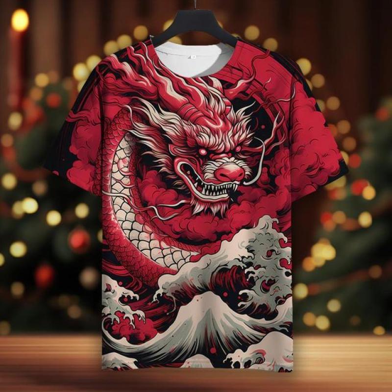 2024 Новый год Дракон Мужская футболка с 3d принтами Летняя уличная мода Топ с коротким рукавом Мужская футболка с круглым вырезом большого размера Мужская одежда