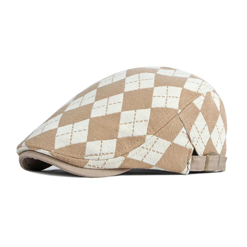 Spring And Autumn Beret Hats Vintage Checkered Brown Coffee Khaki Flat Cap Front Cap Painter'S Cap Cap Man