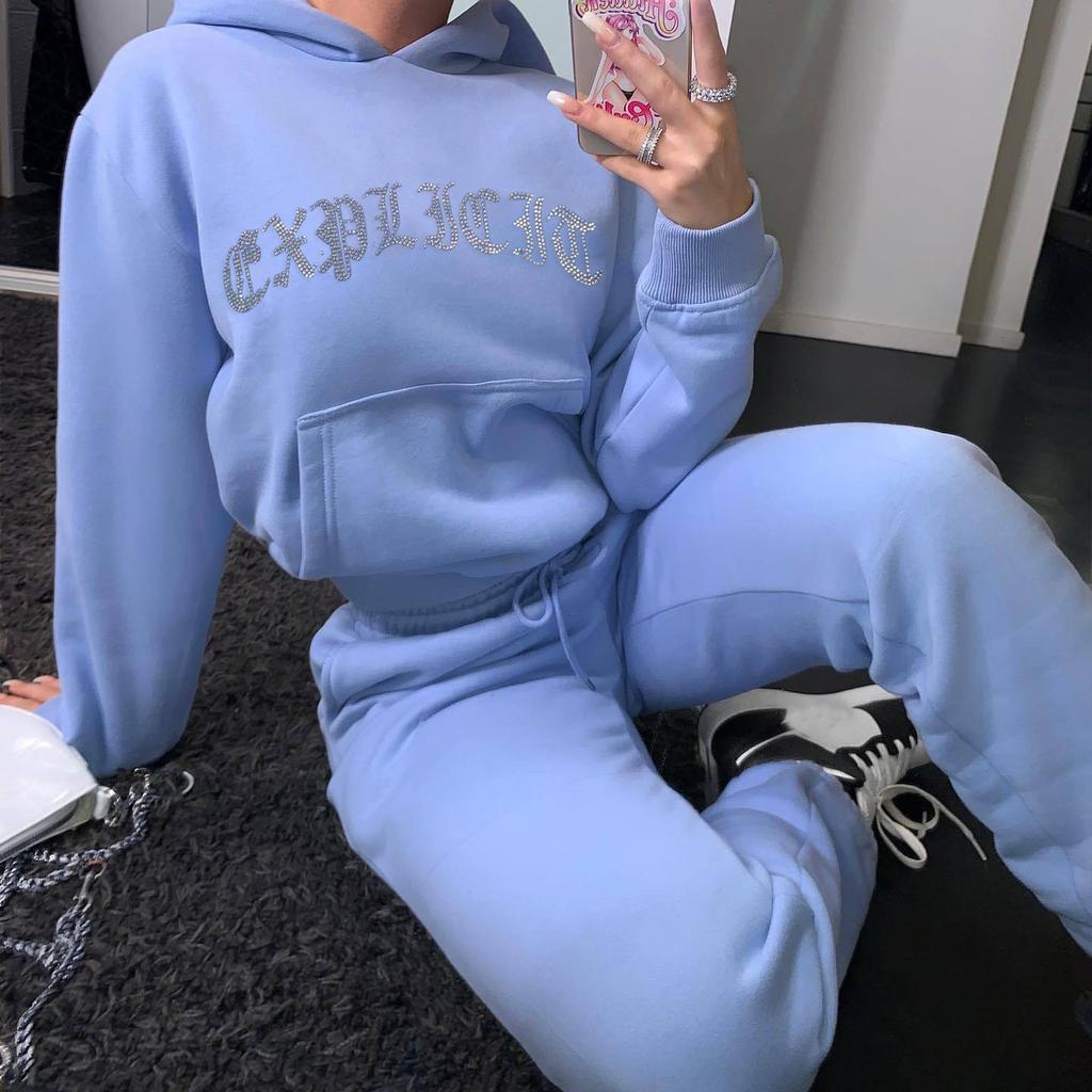 Women's Casual Fleece Long Sleeve Plus Size Printed Hoodie Trousers Sports Suit