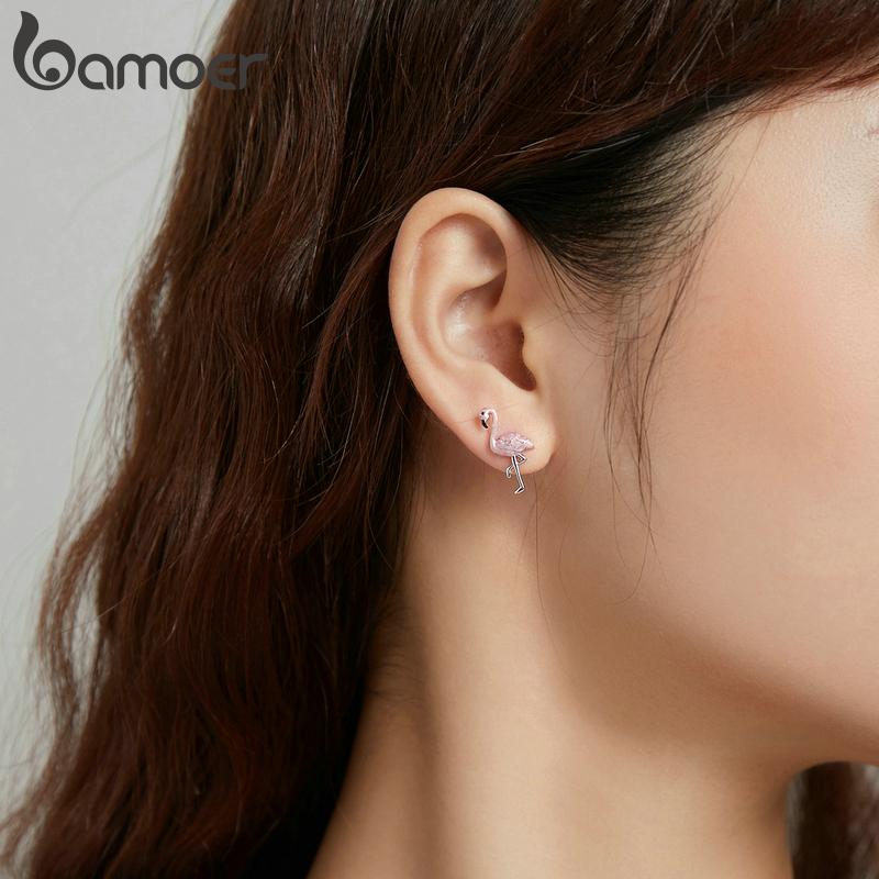 Серьги-гвоздики BAMOER из стерлингового серебра 925 пробы с фламинго и листьями, свежие серьги-гвоздики для девочек, ювелирные изделия