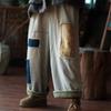 Women Vintage Denim Wide Leg Pants Patchwork PATCH Loose Trouser Winter Elastic Waist Plus Cotton Warm Pants