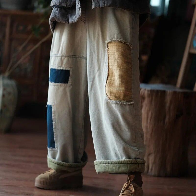 Johnature Женские винтажные джинсовые широкие брюки в стиле пэчворк с нашивками, свободные брюки, зимние эластичные брюки на талии, хлопковые теплые брюки
