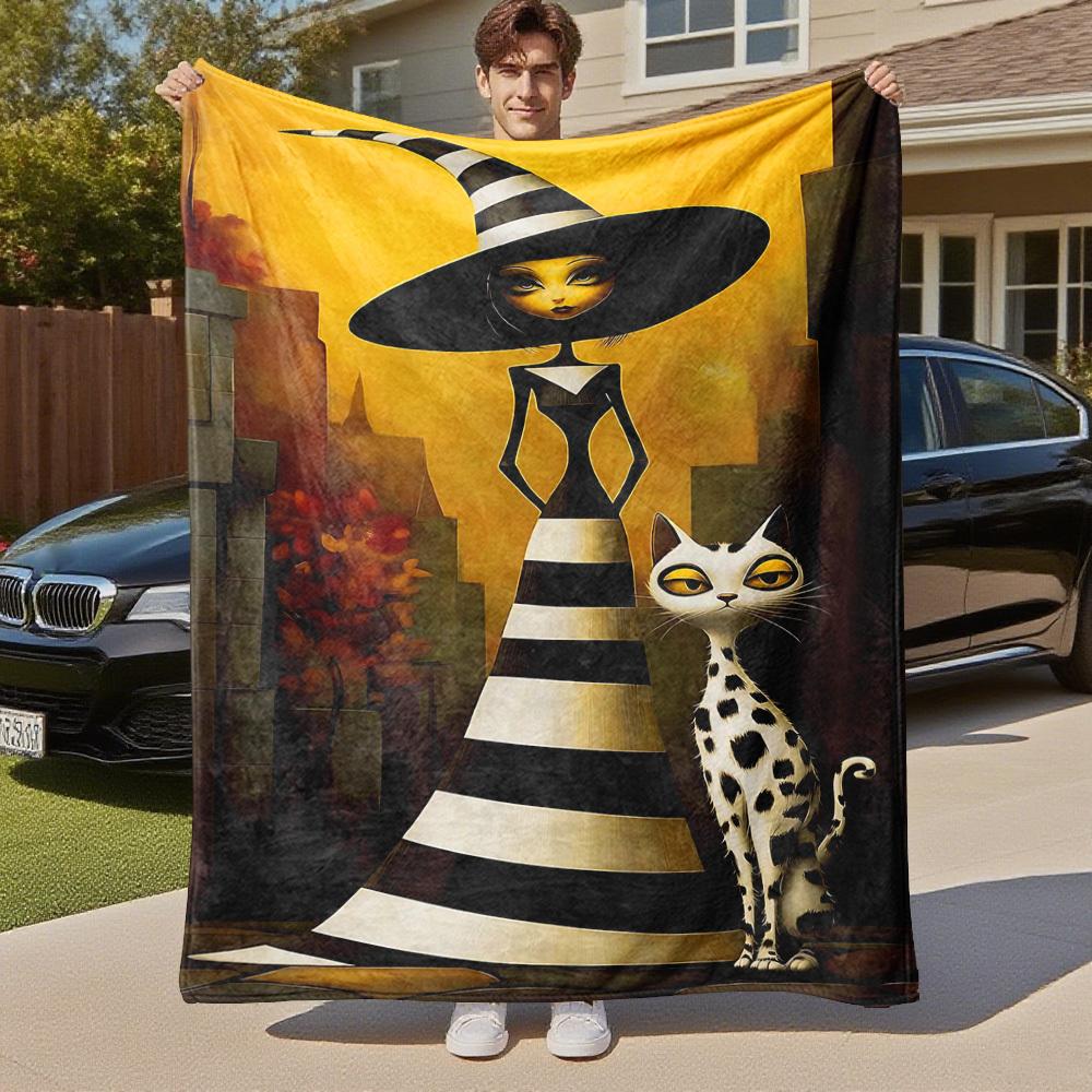 1pc witch, cat Outdoor Flannel Blanket Soft Warm All-Season Throw for Sofa Bed Car Camping Office, Cozy Gift Idea1148S