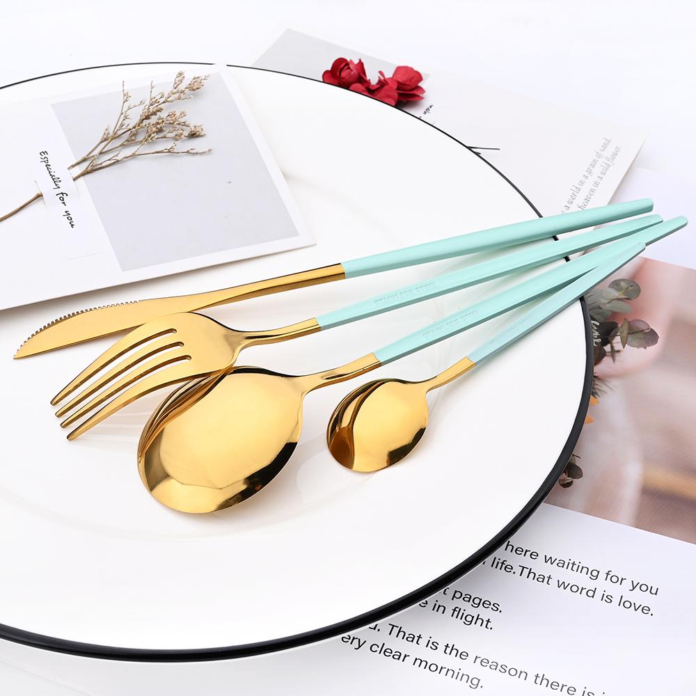 4pcs Gold Dinnerware Set Stainless Steel Tableware Set Knife Fork Spoon Flatware Set Dishwasher Safe Silverware Cutlery Set