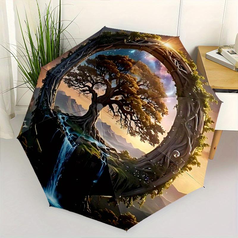 1pc Fantasy Landscape with a Mystical Tree Automatic Opening and Closing Umbrella - Suitable for Various Occasions, Outdoor Activities, Lightweig
