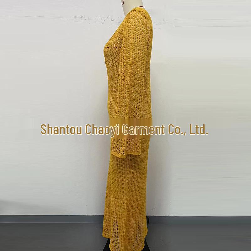 European-American V-Neck Hollow Texture Long-Sleeve Beach Dress