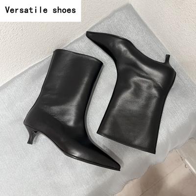 Корейская версия остроносых женских коротких сапог, модные туфли без застежек, осенние элегантные женские полусапожки на низком каблуке длиной до середины голени