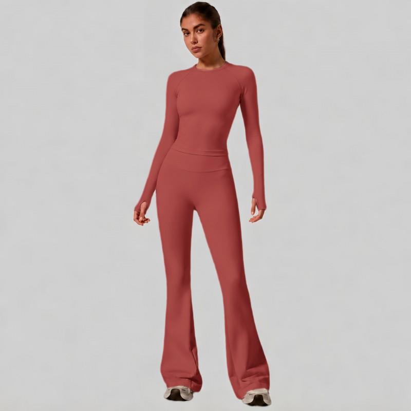 Womens High-Waisted Yoga Set With Butt-Lifting Effect 3-Section Waist Design Long Sleeve Top Flared Leggings 90% Nylon 10%