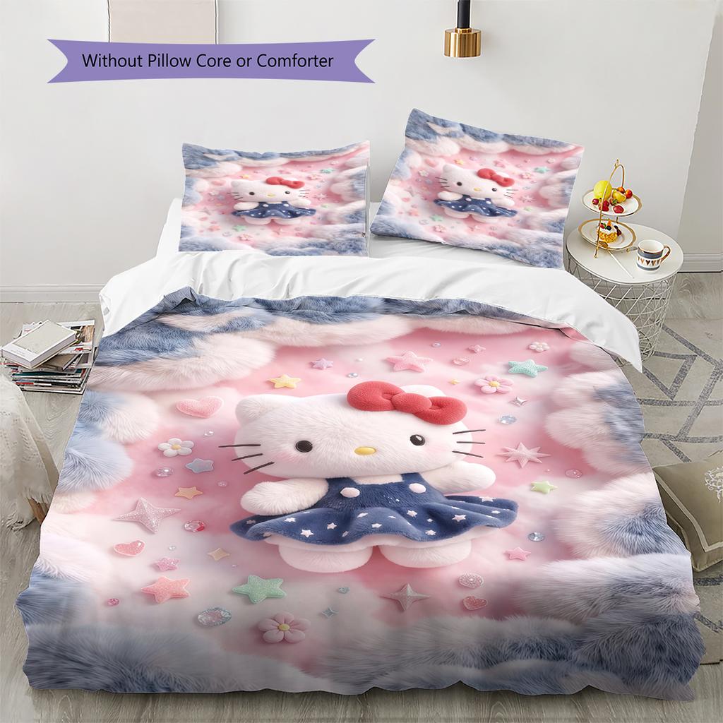 Постельное белье с розовым узором Hello Kitty, Комплект с одеялом, Пододеяльник, Наволочка, Домашний подарок на день рождения(1 пододеяльник + 2 наволочки, без наполнителя)