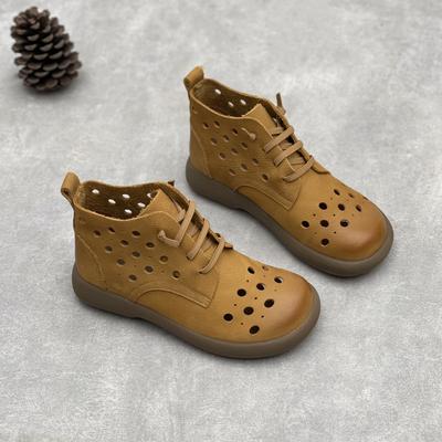 GKTINOO Ретро Ботинки из Натуральной Кожи с Перфорацией 2025 Лето Новые Круглый Носок Плоская Эластичная Шнуровка Мягкая Коровья Кожа Женские Сандалии