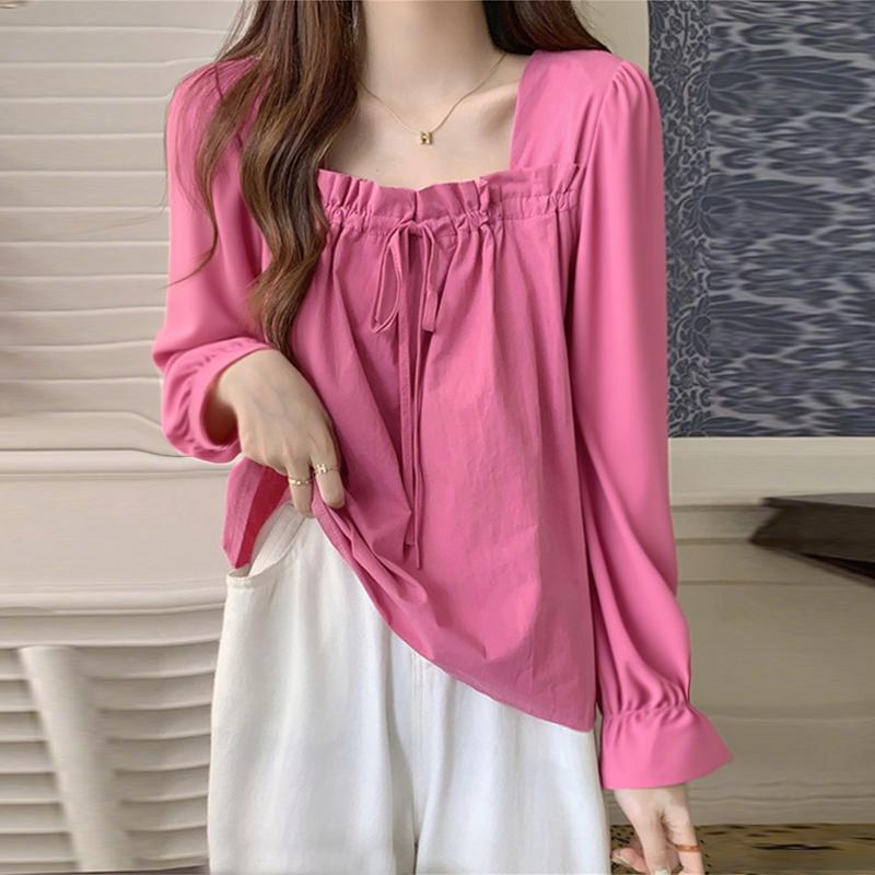 VONDA Женские блузки топы с квадратным вырезом, длинным рукавом, шнуровкой, однотонные, элегантные