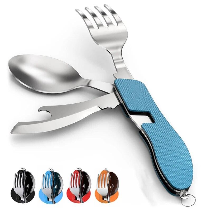 Складная посуда, нож, ложка, вилка, 4-в-1, столовая ложка, открывалка для бутылок из нержавеющей стали, портативный набор посуды