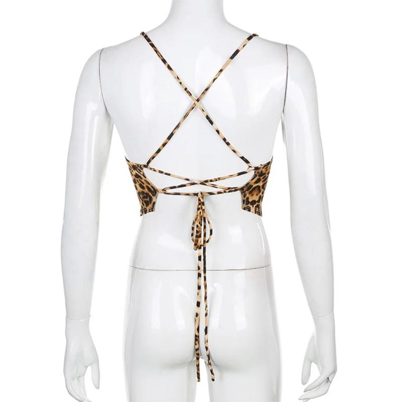 Леопардовый узор женские топы без рукавов с открытой спиной сексуальные наряды в стиле рейв без рукавов с перекрестной шнуровкой бюстгальтер-бралетт укороченный топ летняя уличная одежда