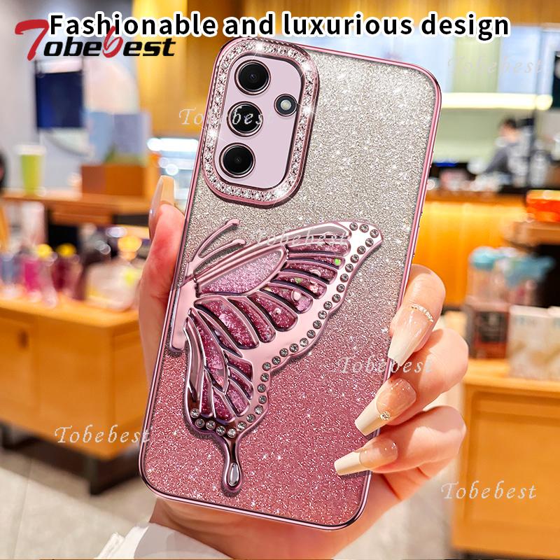 Жидкий чехол с бриллиантовым блеском и подставкой-бабочкой для Samsung Galaxy A17 A16 A26 A36 A56 A06 A15 A25 A35 A55 A14 A24 A34 A54 5G